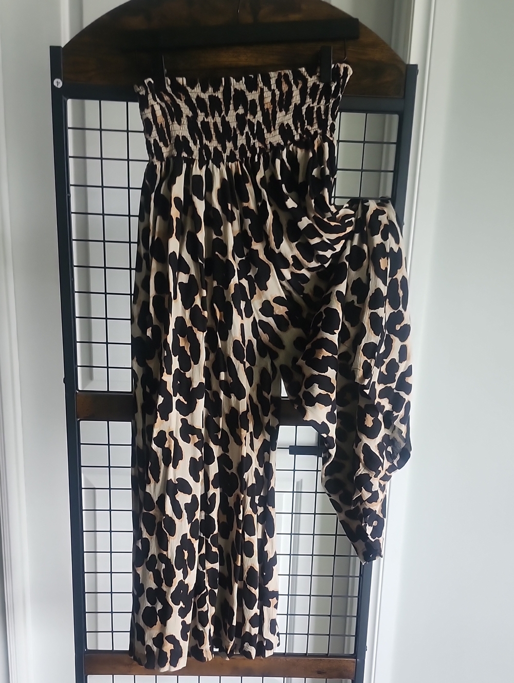 Smocked Wide Leg pants in Black & Beige Leopard